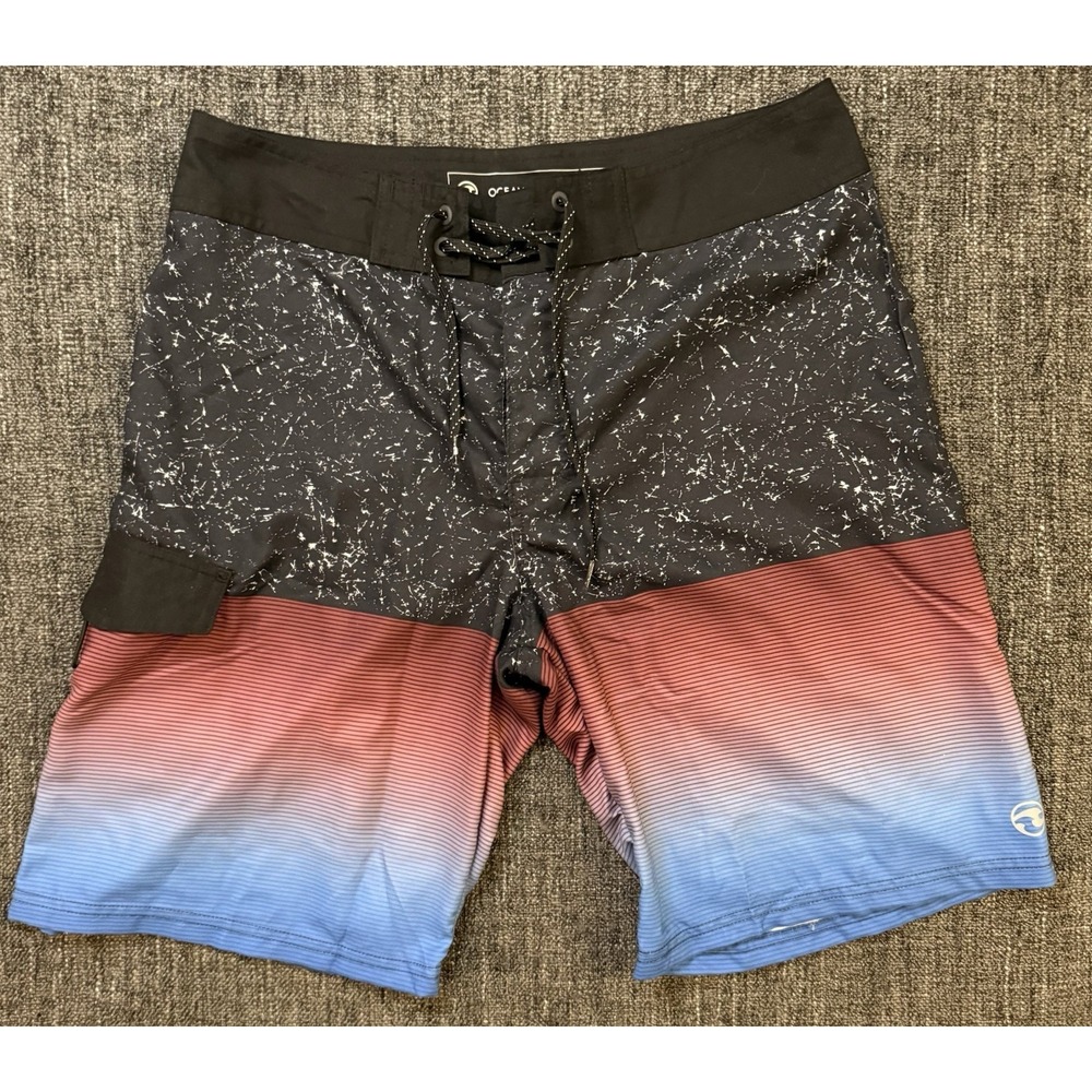 Ocean Current Board Shorts Mens 32 Black Red Blue Ombre Surf Swim Trunks